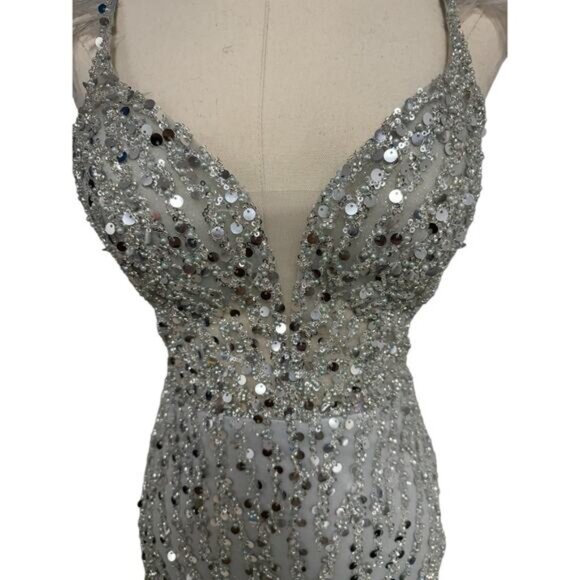 Gianni Bini GB Silver Sequin Feather Cocktail Dress Illusion V Neck - Picture 7 of 15